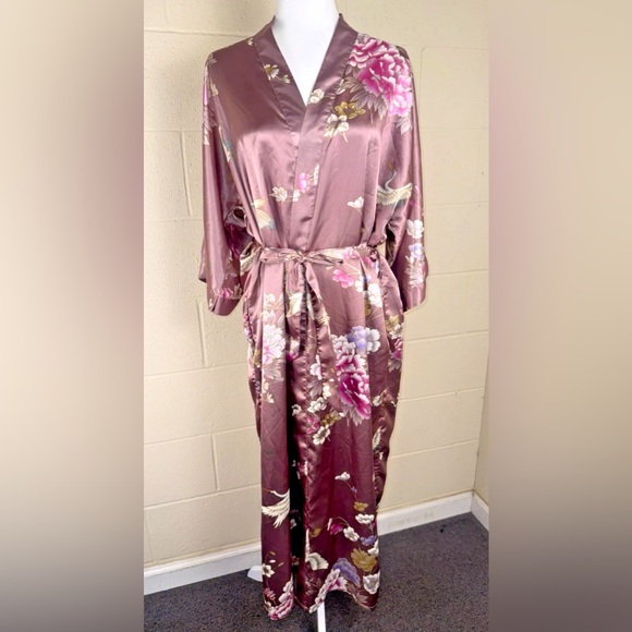 Kim + Ono Kimono Bath Robe Bird Floral Asian Boho Long Sleeve Pockets Black OS - Picture 1 of 11